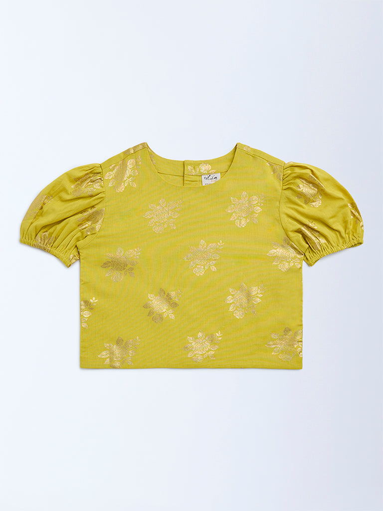 Utsa Kids Lime Floral Pattern Cotton-Blend Ethnic Top - (8-14yrs)