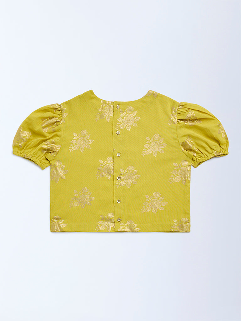 Utsa Kids Lime Floral Pattern Cotton-Blend Ethnic Top - (8-14yrs) - Image 2