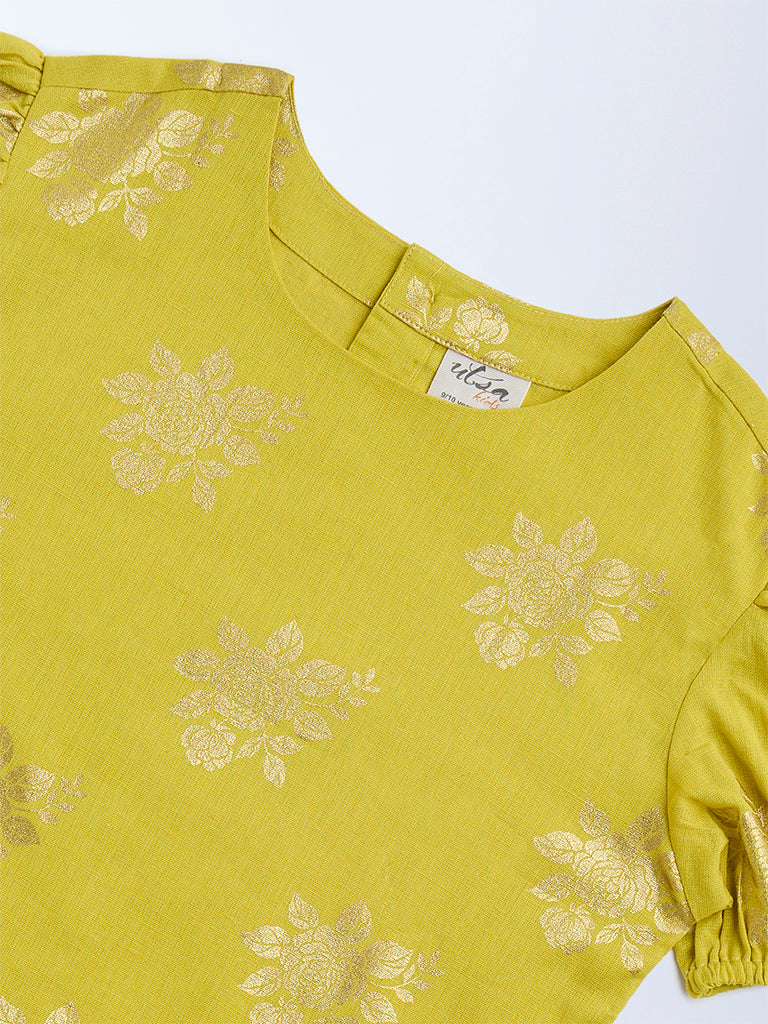 Utsa Kids Lime Floral Pattern Cotton-Blend Ethnic Top - (8-14yrs) - Image 3