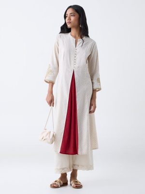 Utsa Off-White Badla Pattern Cotton-Blend A-Line Kurta