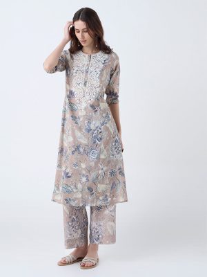 Utsa Beige Floral Design A-Line Kurta