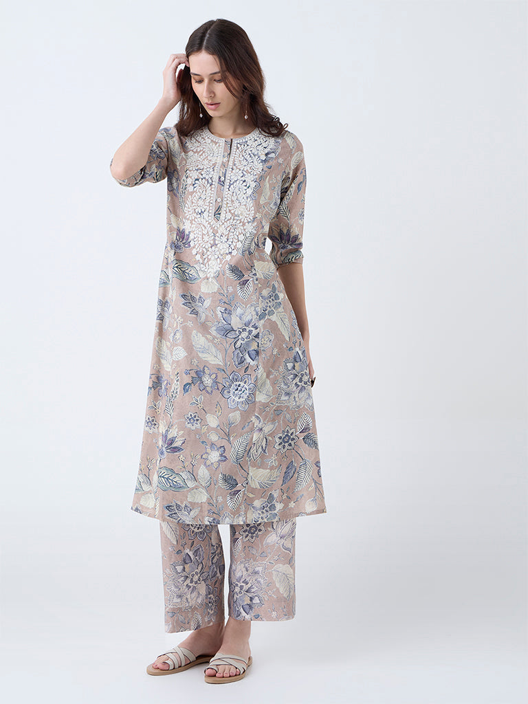 Utsa Beige Floral Design A-Line Kurta