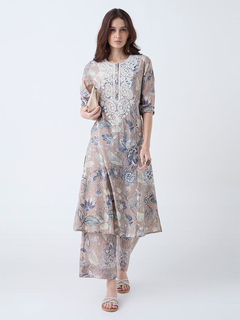 Utsa Beige Floral Design A-Line Kurta - Image 2
