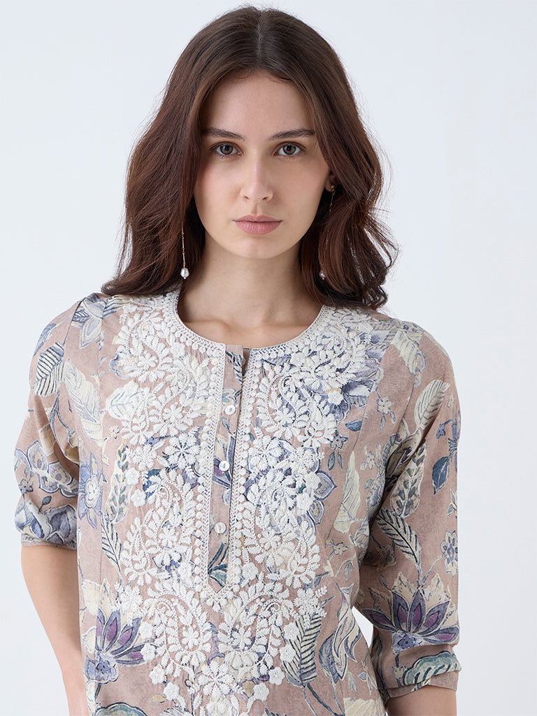 Utsa Beige Floral Design A-Line Kurta - Image 3