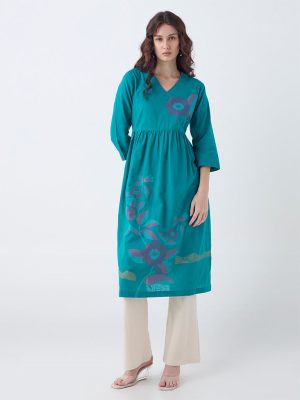 Utsa Teal Floral Embroidered Fit-and-Flare Cotton Kurta