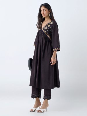 Utsa Black Mirror Work Anarkali Cotton Kurta