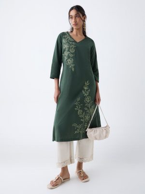 Utsa Olive Floral Embroidered Cotton-Blend A-Line Kurta