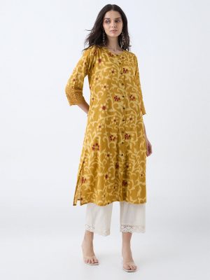 Utsa Mustard Floral Printed Cotton A-Line Kurta