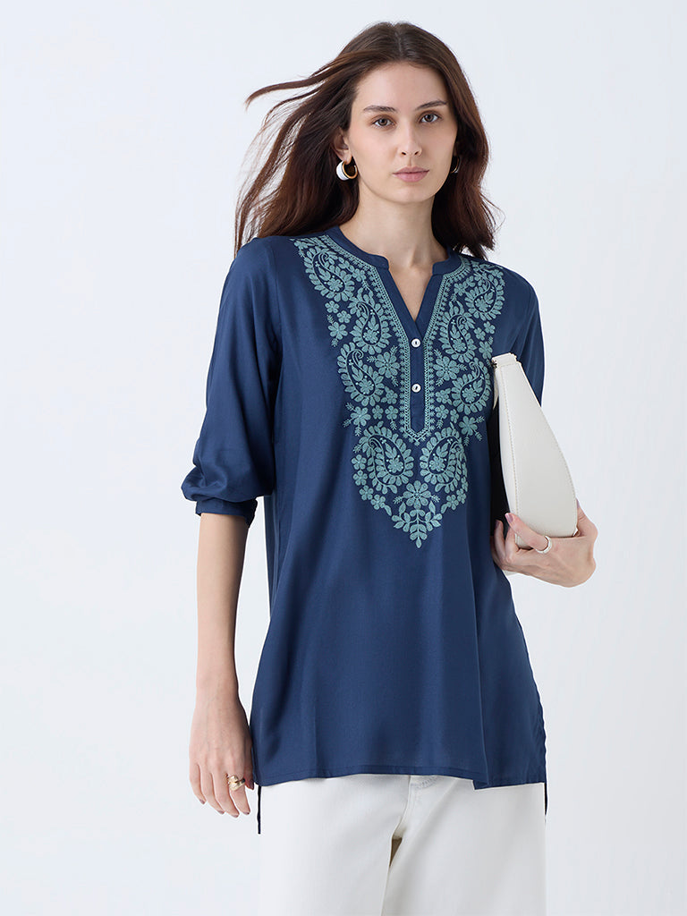 Utsa Indigo Paisley Embroidered Tunic