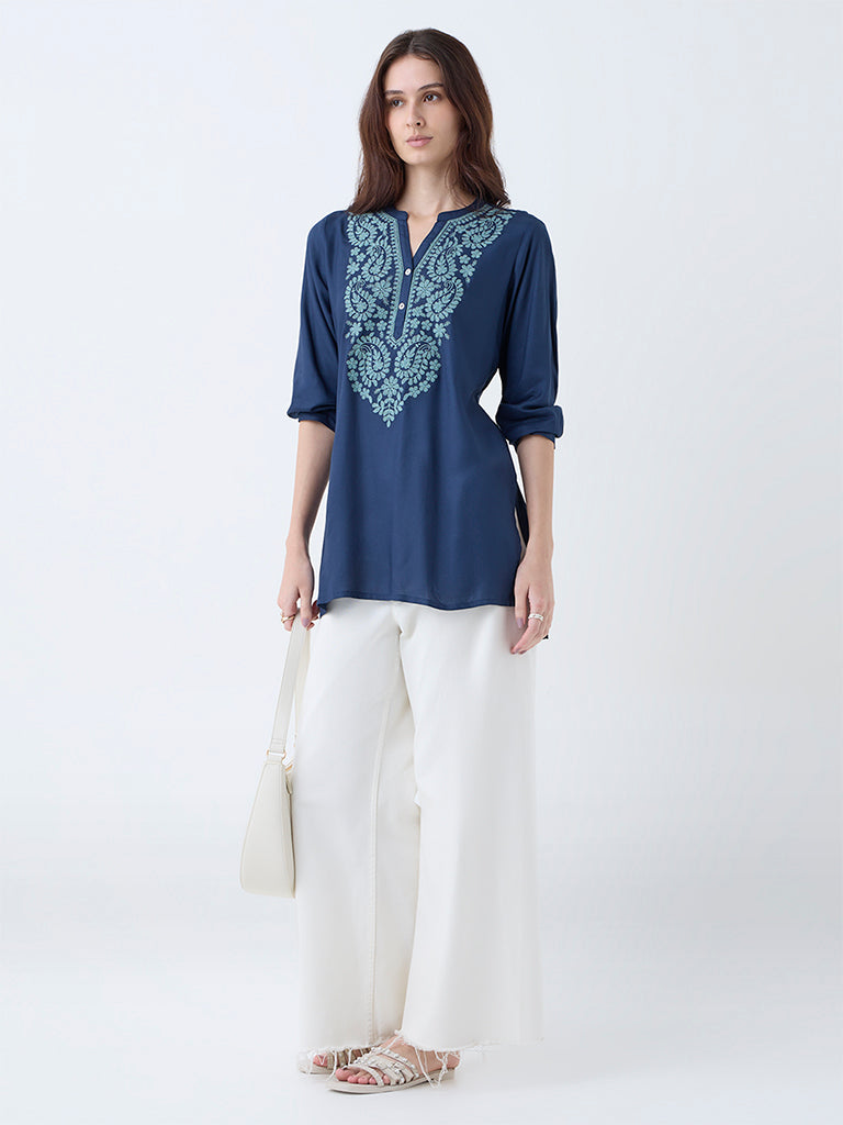 Utsa Indigo Paisley Embroidered Tunic - Image 2