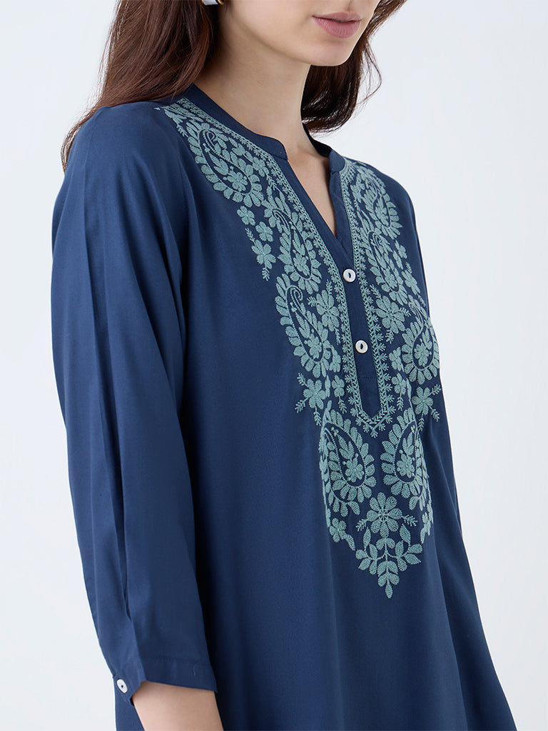 Utsa Indigo Paisley Embroidered Tunic - Image 3