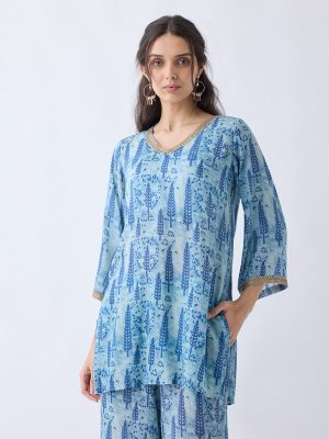 Utsa Blue Botanical Pattern Straight Kurti