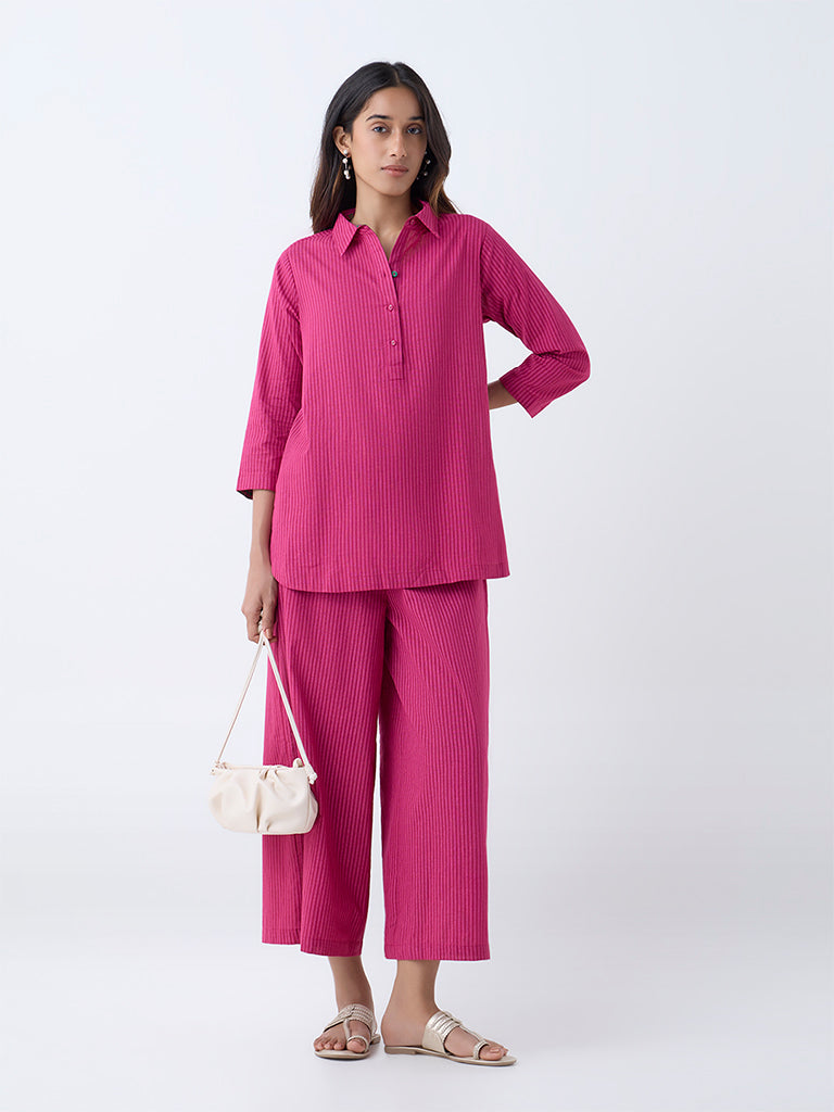 Utsa Fuchsia Striped Cotton Tunic - Image 2