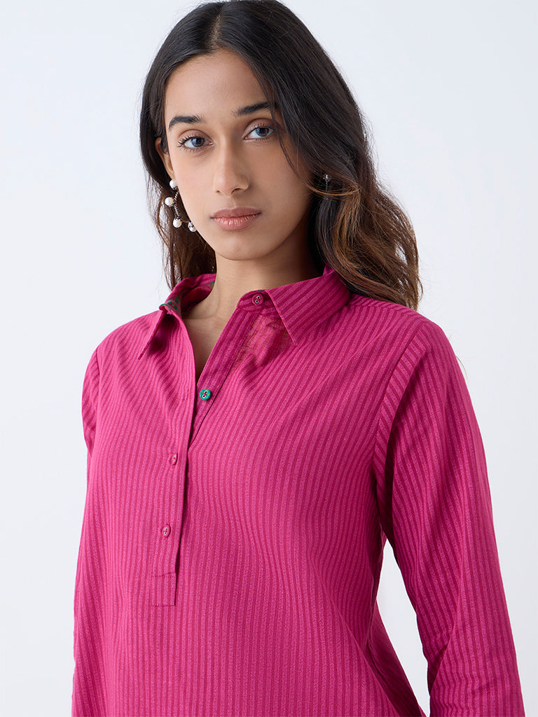 Utsa Fuchsia Striped Cotton Tunic - Image 3