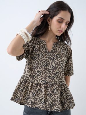 Utsa Taupe Floral Design Cotton Peplum Top