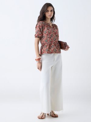 Utsa Red Floral Design Cotton Peplum Top