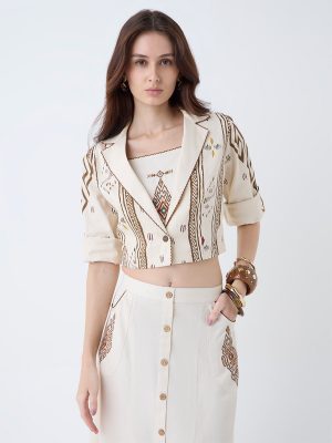 Utsa Cream Aztec Design Cotton Jacket