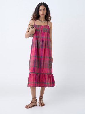Utsa Pink Checkered A-Line Dress