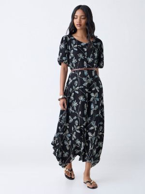 Utsa Black Leaf Pattern Asymmetric Dress with Belt