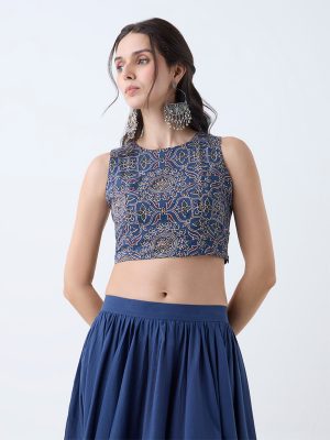Utsa Indigo Printed Crop Cotton Top
