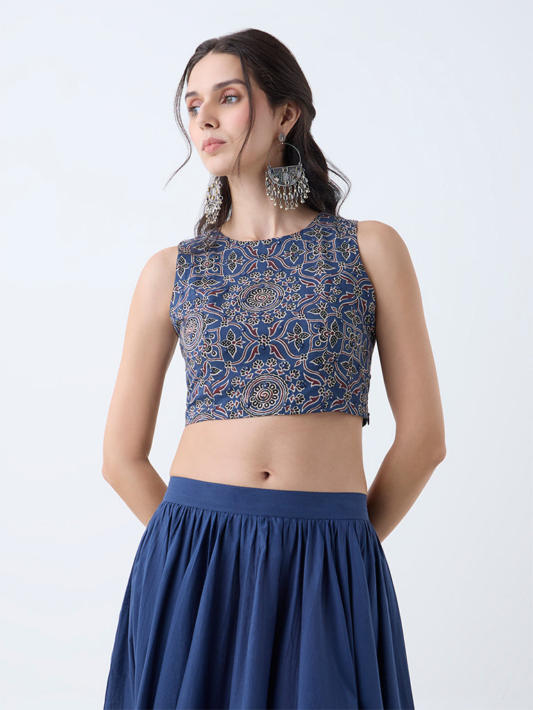 Utsa Indigo Printed Crop Cotton Top