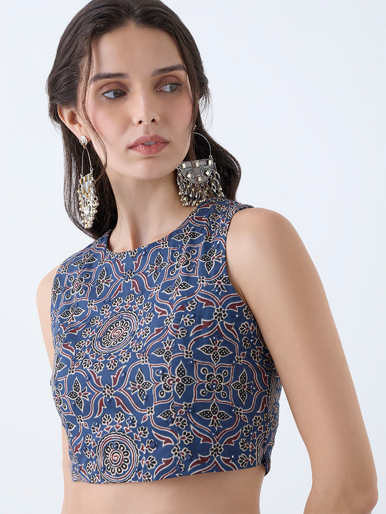 Utsa Indigo Printed Crop Cotton Top - Image 3