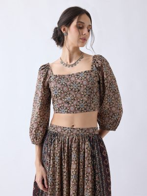 Utsa Taupe Printed Cotton Top