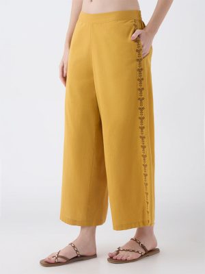 Utsa Mustard Embroidered Cotton Pants