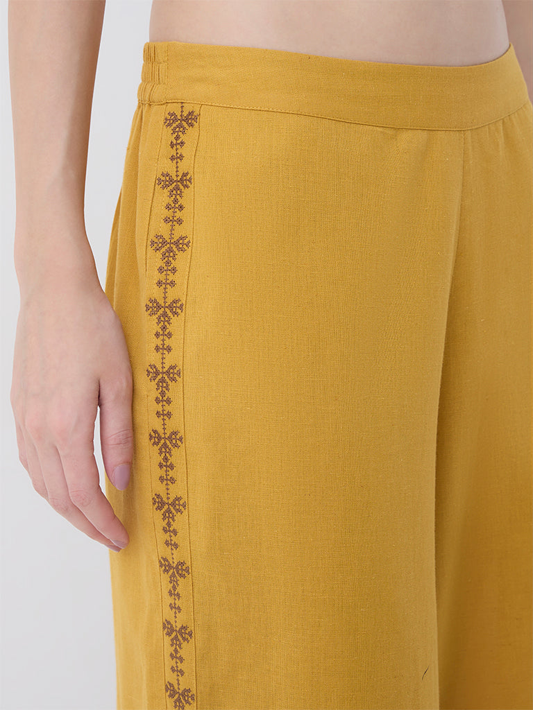Utsa Mustard Embroidered Cotton Pants - Image 3