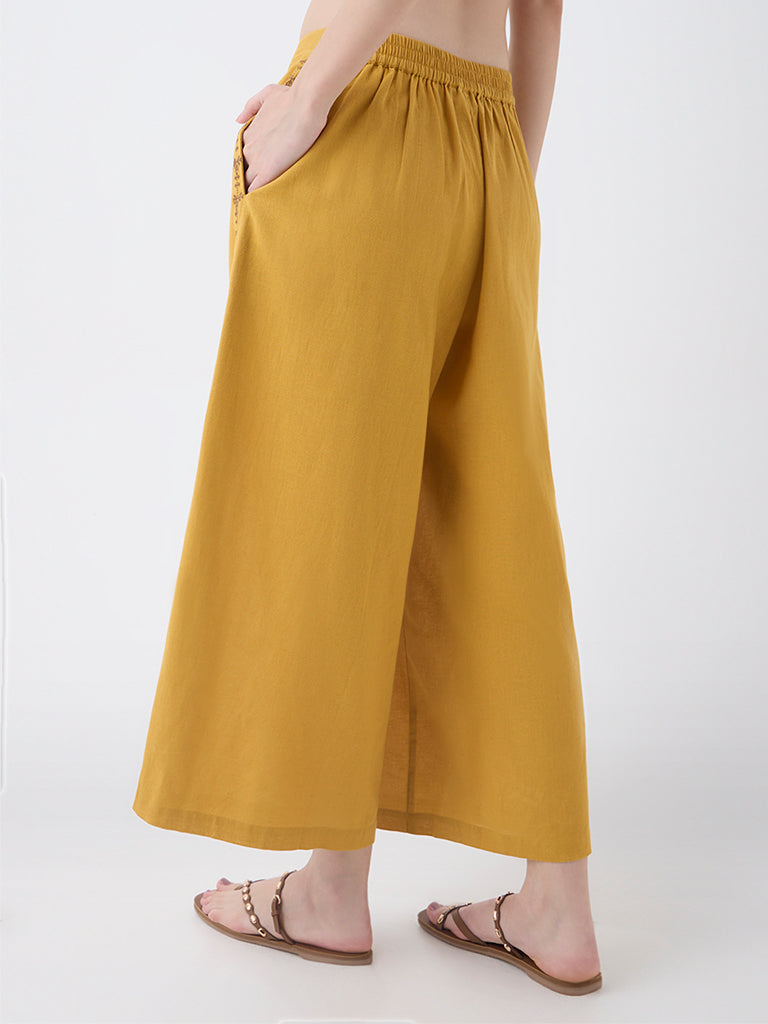 Utsa Mustard Embroidered Cotton Pants - Image 4