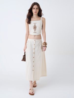 Utsa Cream Embroidered Cotton Maxi Skirt