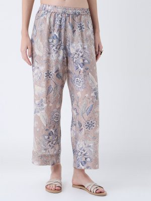 Utsa Beige Floral Pattern Pants