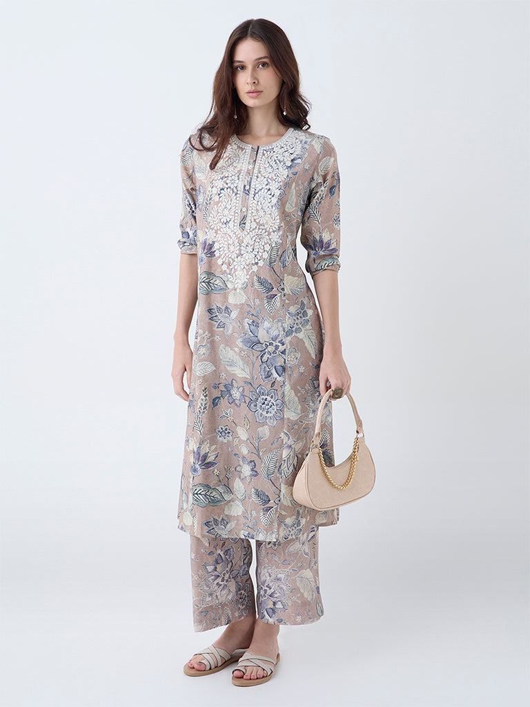 Utsa Beige Floral Pattern Pants - Image 2