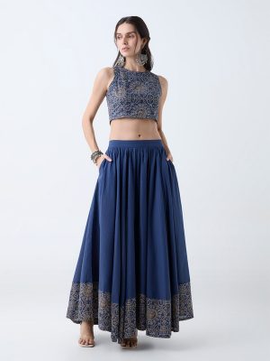 Utsa Indigo Printed Cotton Maxi Skirt