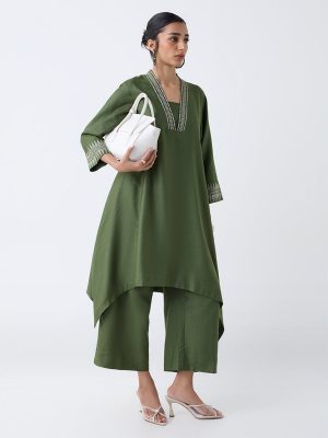 Zuba Olive Embroidered A-Line Kurta