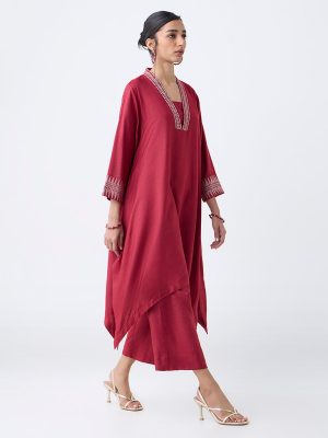 Zuba Red Embroidered A-Line Kurta