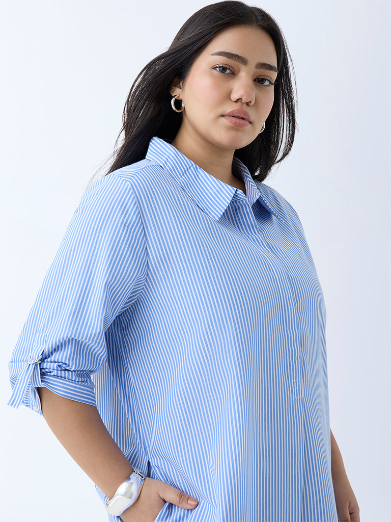 Gia Blue Striped Cotton Tunic Dress - Image 3