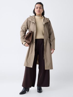 Gia Khaki Solid Hooded Long Coat