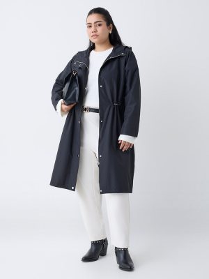 Gia Black Solid Hooded Long Coat