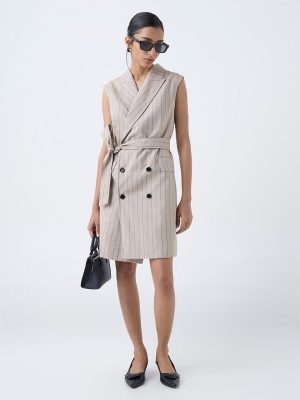 Wardrobe Beige Stripe Pattern Blazer Dress with Belt