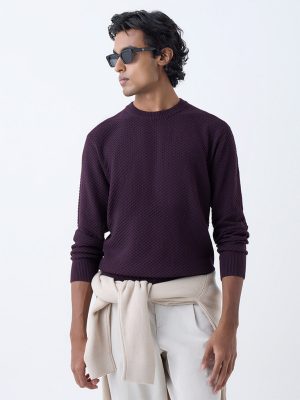 Ascot Wine Knit-Textured Relaxed-Fit Cotton-Blend Sweater
