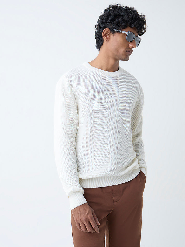 Ascot Off-White Knit-Textured Relaxed-Fit Cotton Sweater