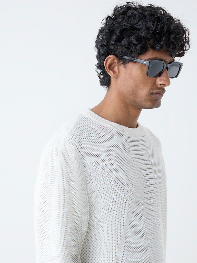 Ascot Off-White Knit-Textured Relaxed-Fit Cotton Sweater - Image 4