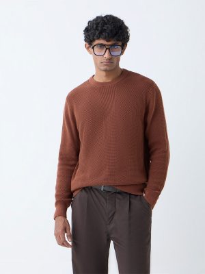 Ascot Brown Knit-Textured Relaxed-Fit Cotton Sweater
