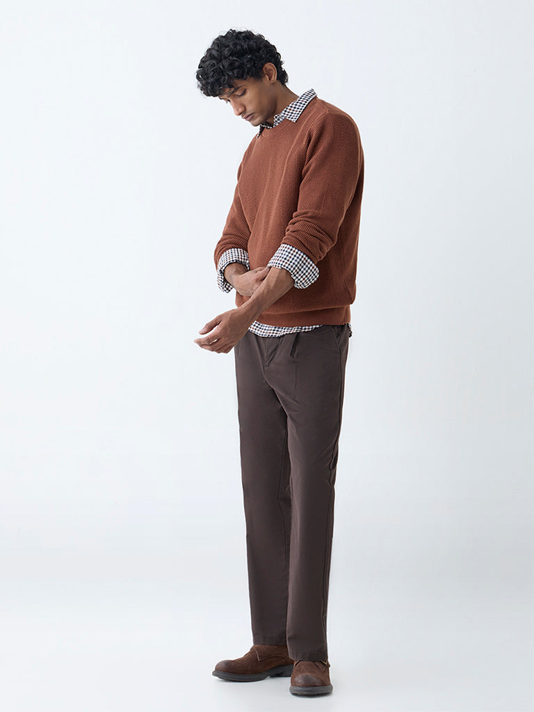 Ascot Brown Knit-Textured Relaxed-Fit Cotton Sweater - Image 3