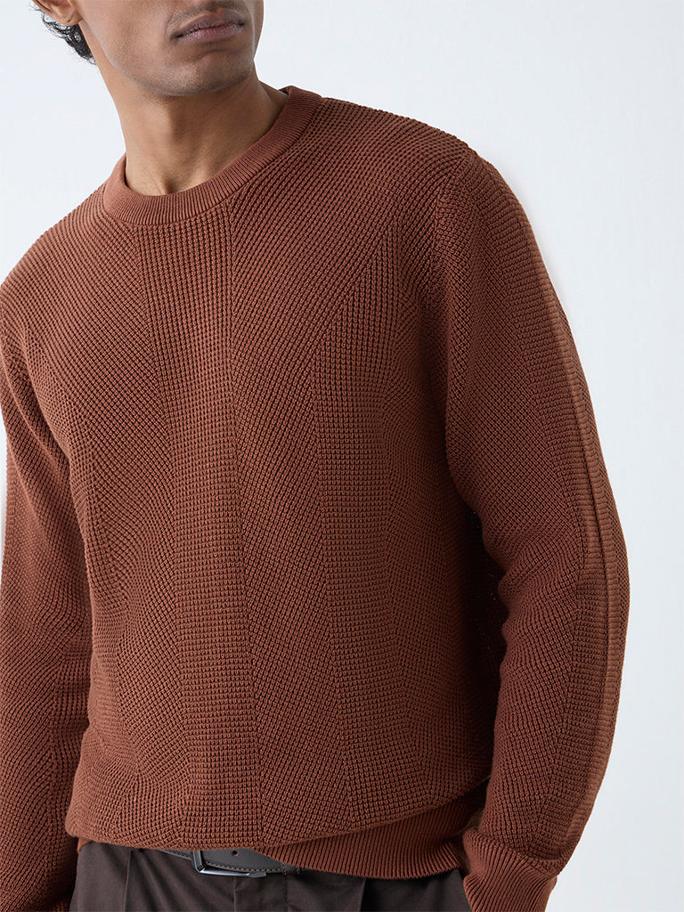 Ascot Brown Knit-Textured Relaxed-Fit Cotton Sweater - Image 4
