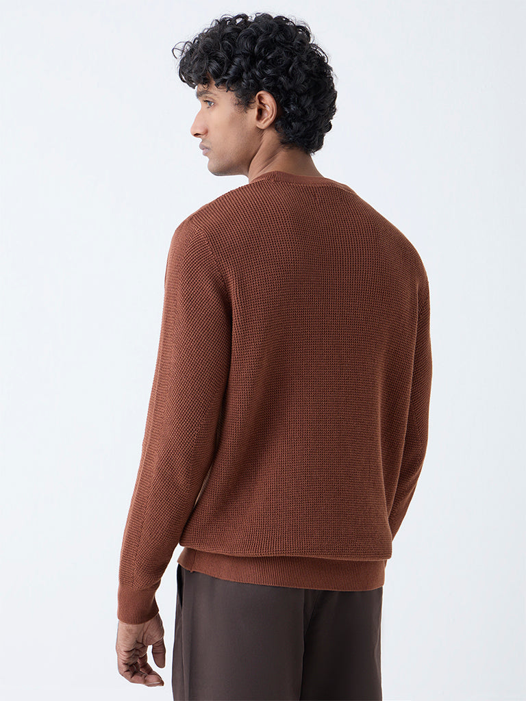 Ascot Brown Knit-Textured Relaxed-Fit Cotton Sweater - Image 5