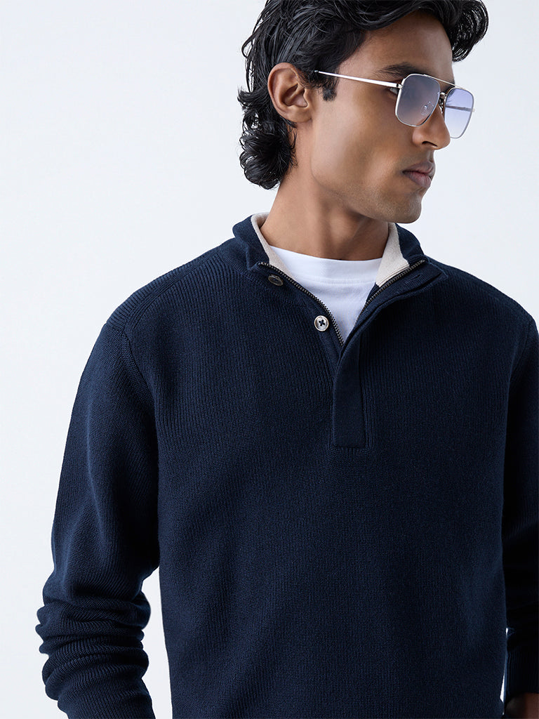 Ascot Navy Ribbed-Textured Relaxed-Fit Quarter-Zip Sweater - Image 4