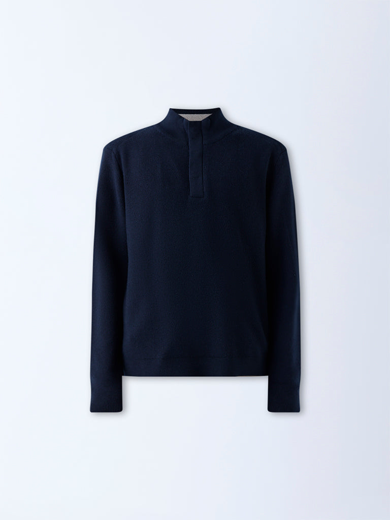 Ascot Navy Ribbed-Textured Relaxed-Fit Quarter-Zip Sweater - Image 6