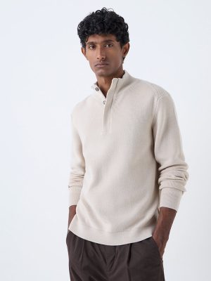 Ascot Beige Ribbed-Textured Relaxed-Fit Sweater
